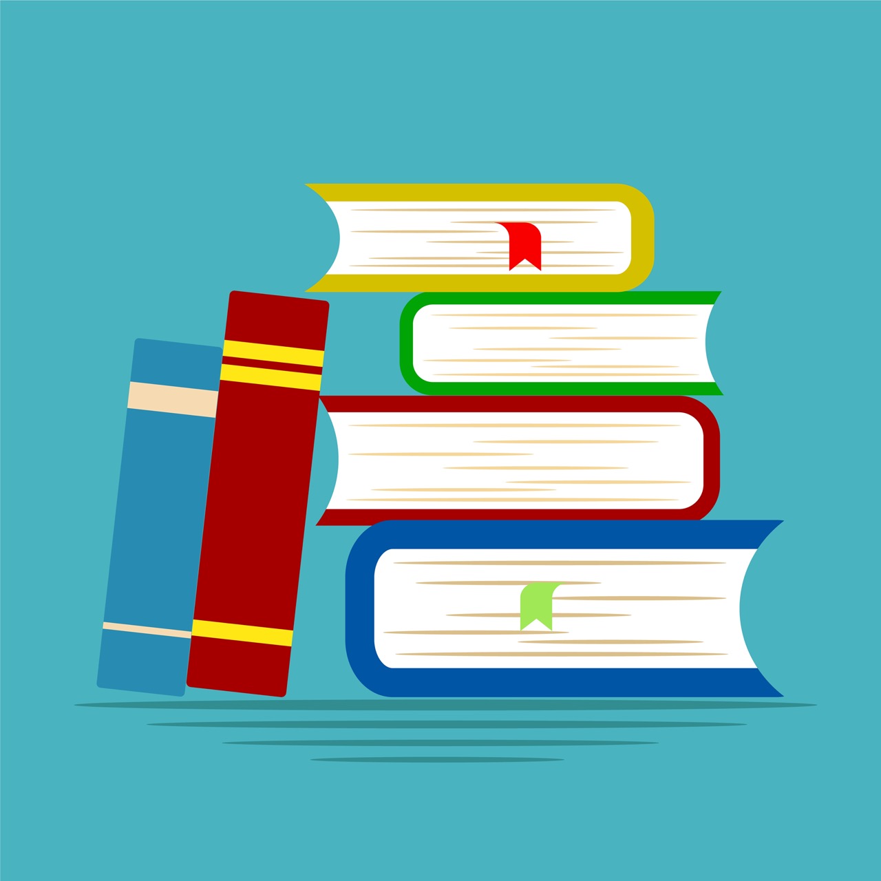 Colorful stacked books with bookmarks against a blue background