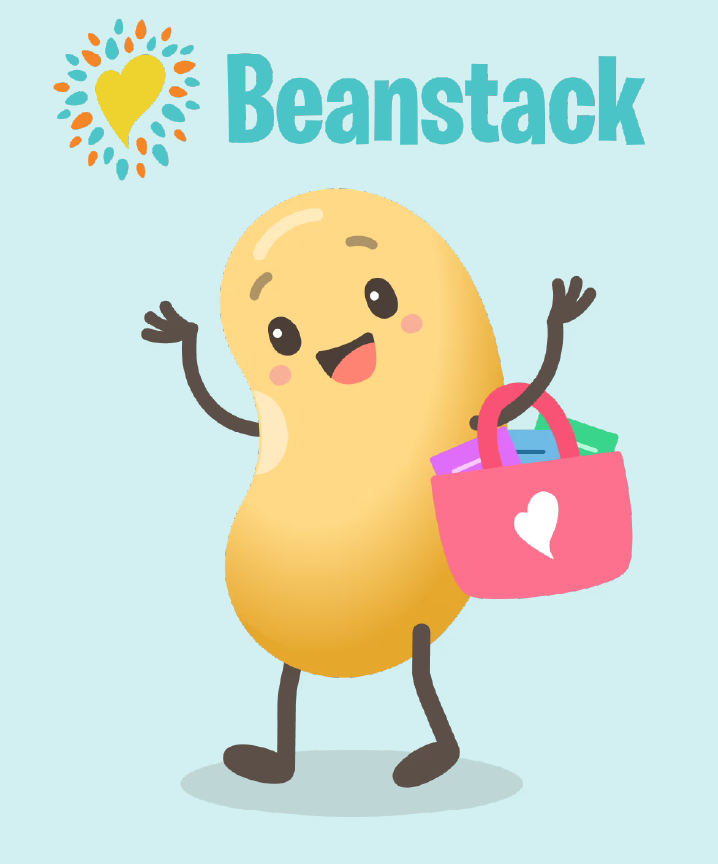 A cheerful bean character holding a pink bag with books