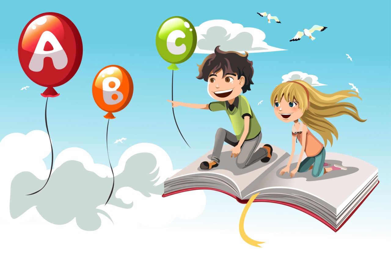 Two children play on an open book with balloons labeled A B and C